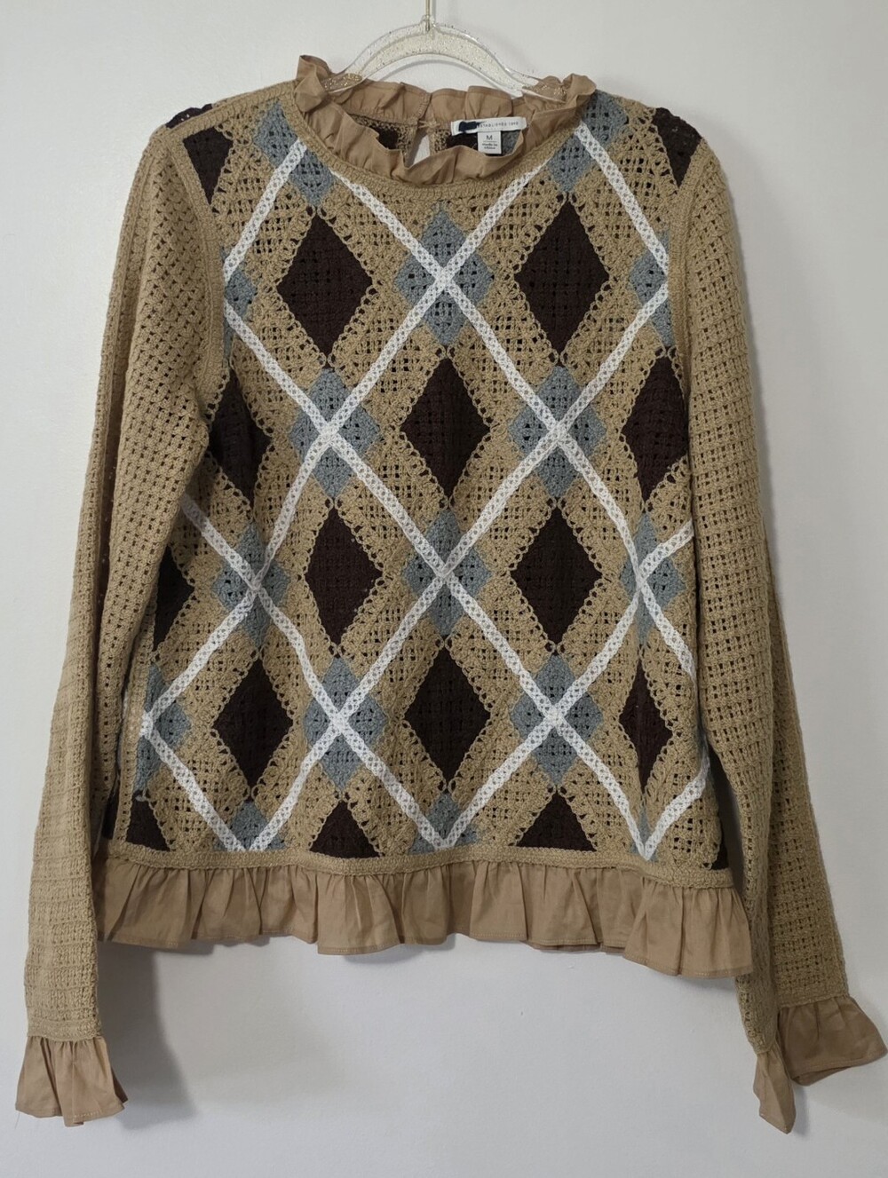 Argyle Open Knit Sweater Ruffle Trim Earthy Cottagecore Coquette Preppy Medium